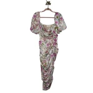 ASTR Emma Floral Midi Dress Size L‎ Cream Pink Smocked Puff Sleeve Ruched Party